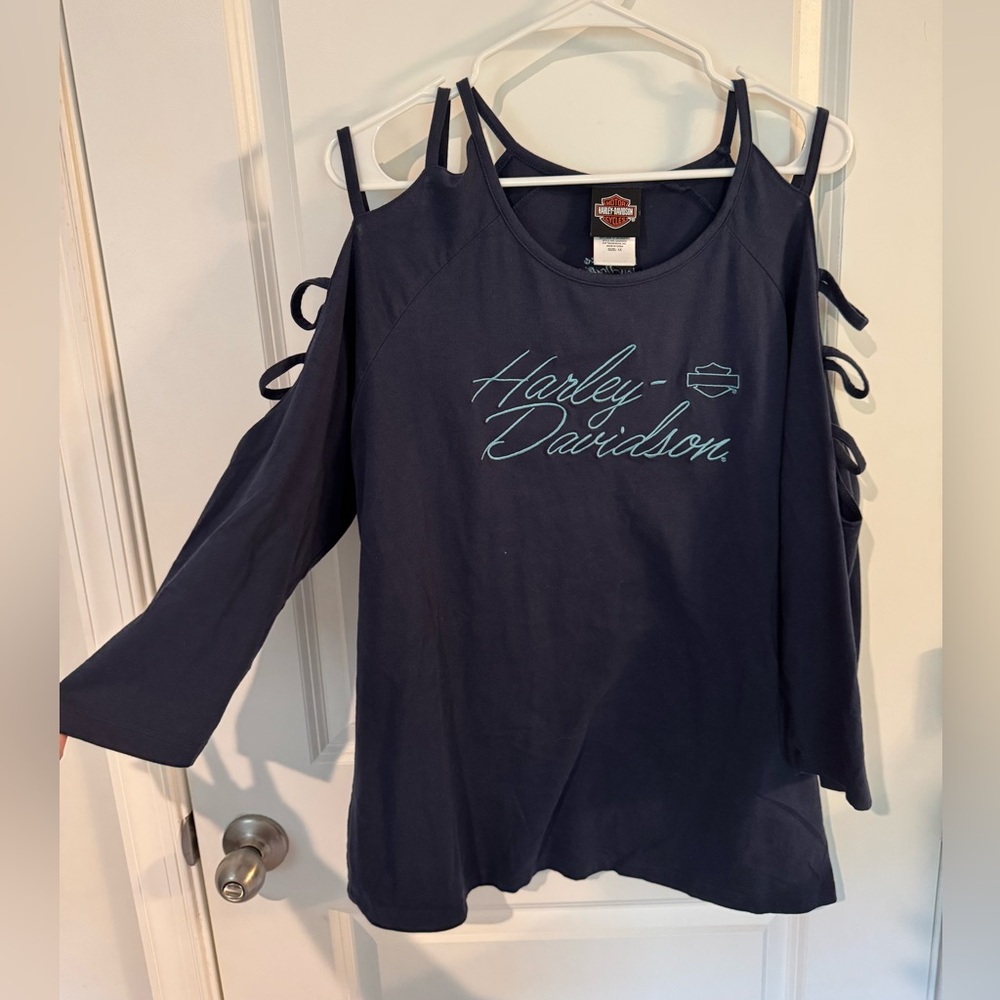 Harley-Davidson Blue 3/4 Sleeve Cut-Out Blouse